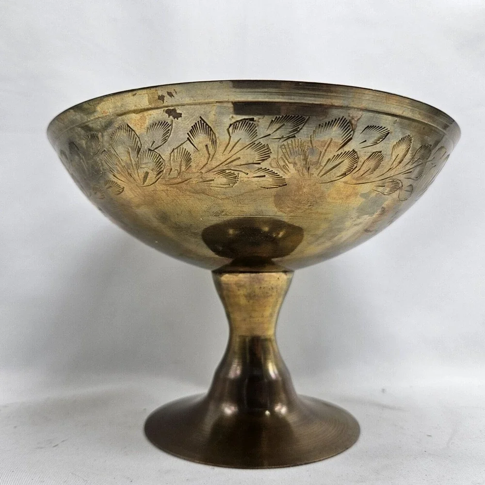 VINTAGE  ZY India World Gift‎ Brass Footed Pedestal Bowl BRASS ETCHED